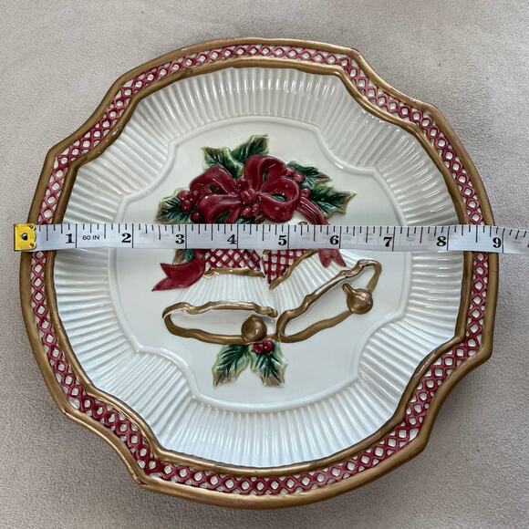 Fitz and Floyd Holiday Bells Canape Snack Cookie Plate Christmas 8 3/4" Gold Red - Picture 10 of 11